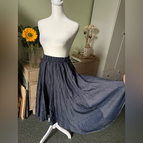 Blue Jean Dark Denim Modest Midi Elastic High-Waist Flare Knee-Length Skirt XS - Picture 12 of 16